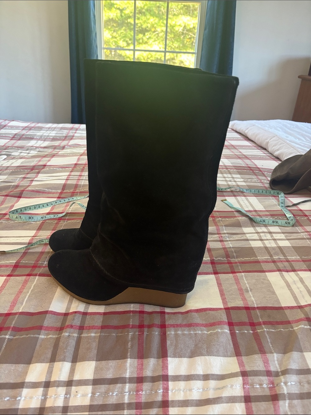 MRKT Women's Black Suede Mid-Calf Wedge Boots
